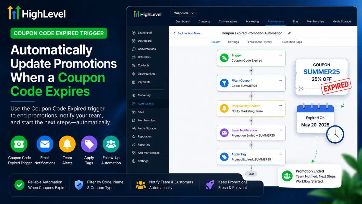 GoHighLevel Coupon Code Expired trigger automating an expired promotion