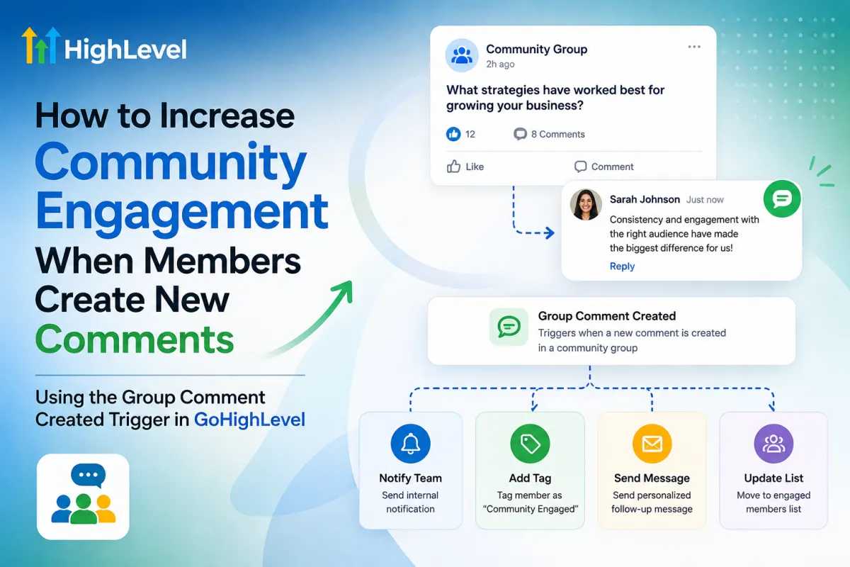 GoHighLevel community engagement automation using the Group Comment Created Trigger to respond to new member comments.