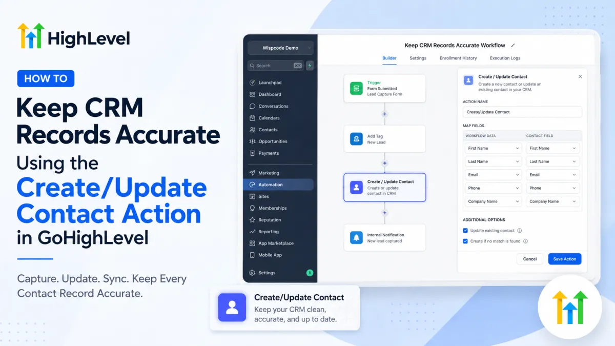 GoHighLevel Create/Update Contact action for maintaining accurate CRM records