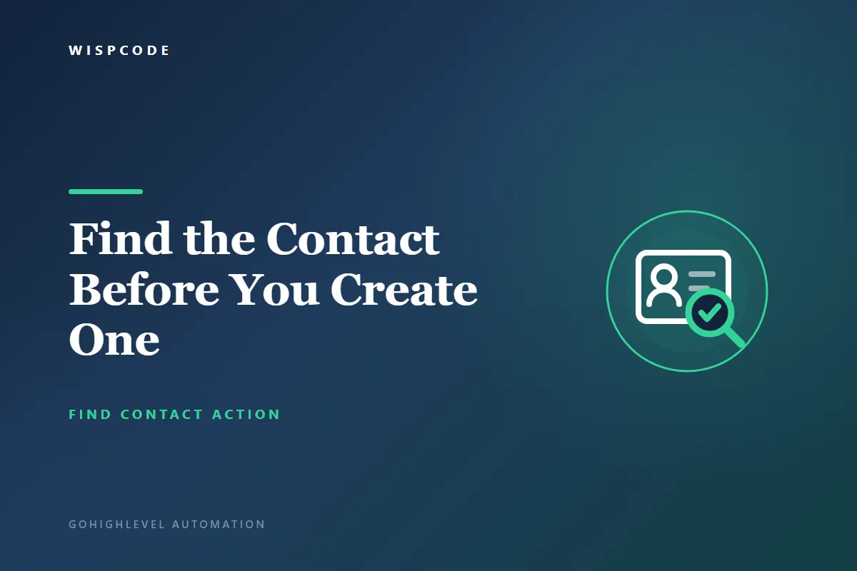 Wispcode cover graphic reading Find the Contact Before You Create One with a contact card icon behind a green magnifying glass carrying a check mark
