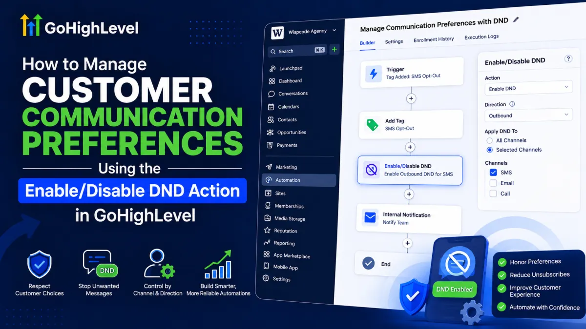 GoHighLevel Enable/Disable DND action for managing customer communication preferences