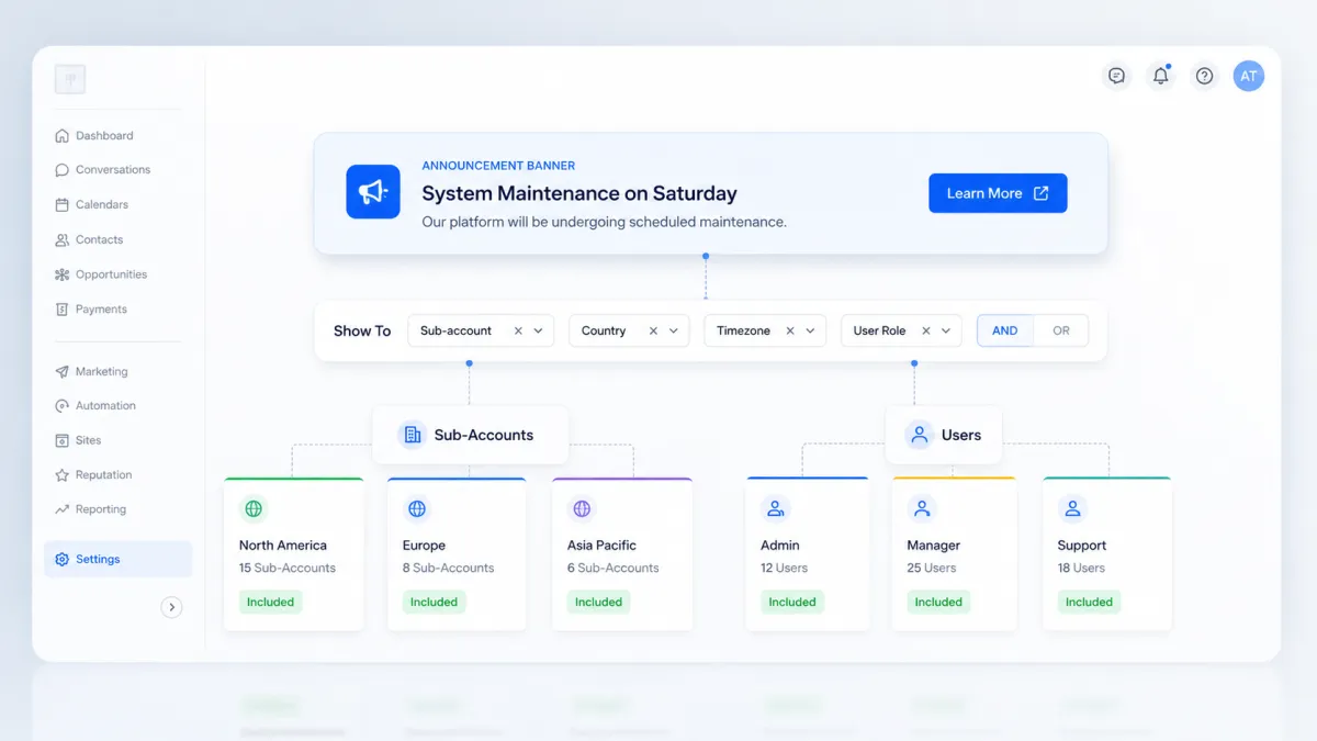 GoHighLevel targeted Announcement banners for sub-accounts and users