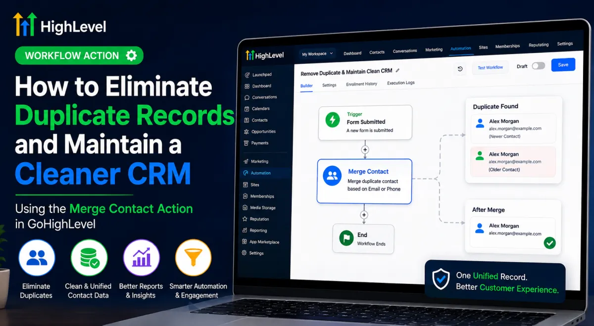 GoHighLevel Merge Contact workflow action for eliminating duplicate contact records