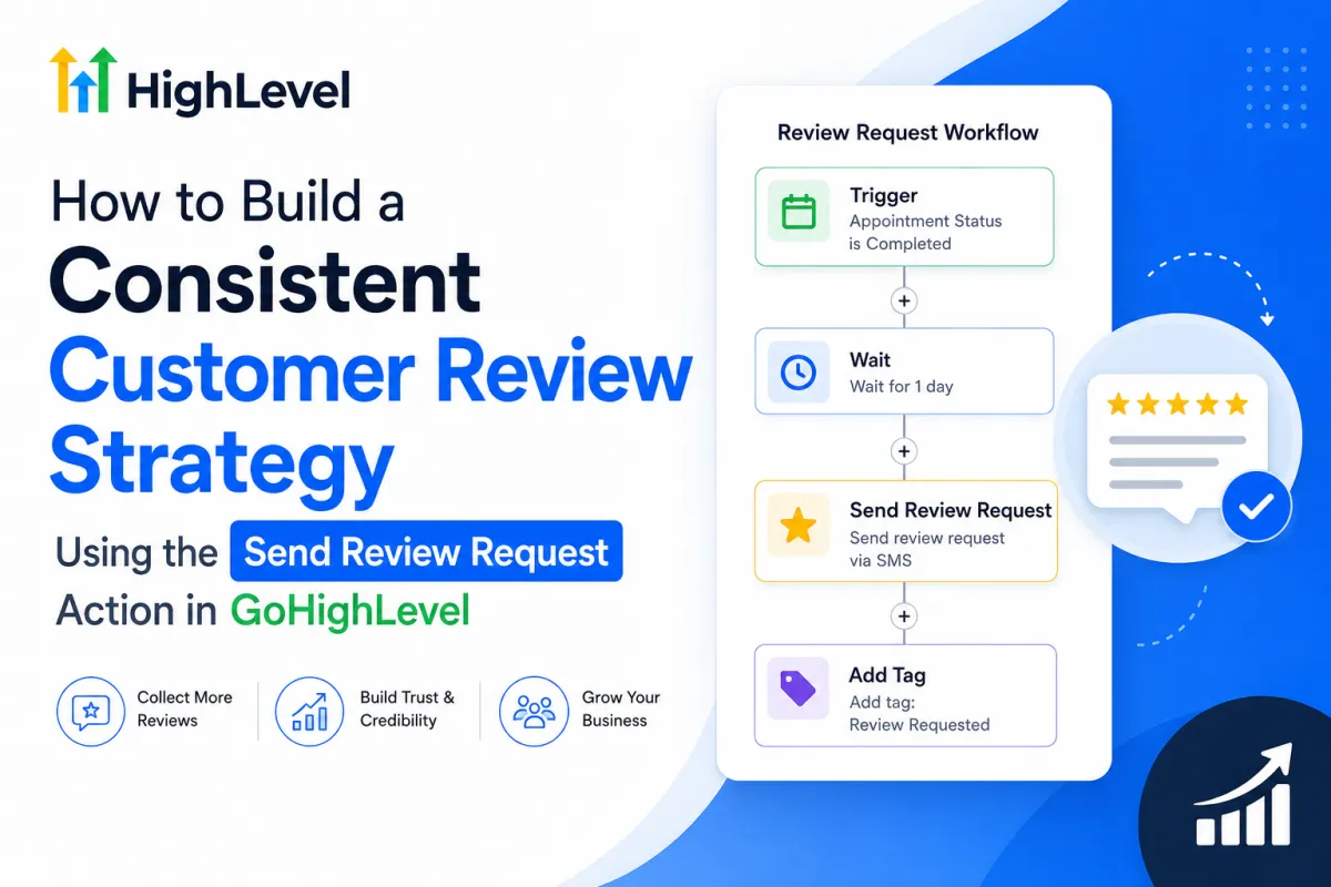 GoHighLevel Send Review Request workflow showing a completed appointment trigger, wait step, automated review request, and review tracking tag.