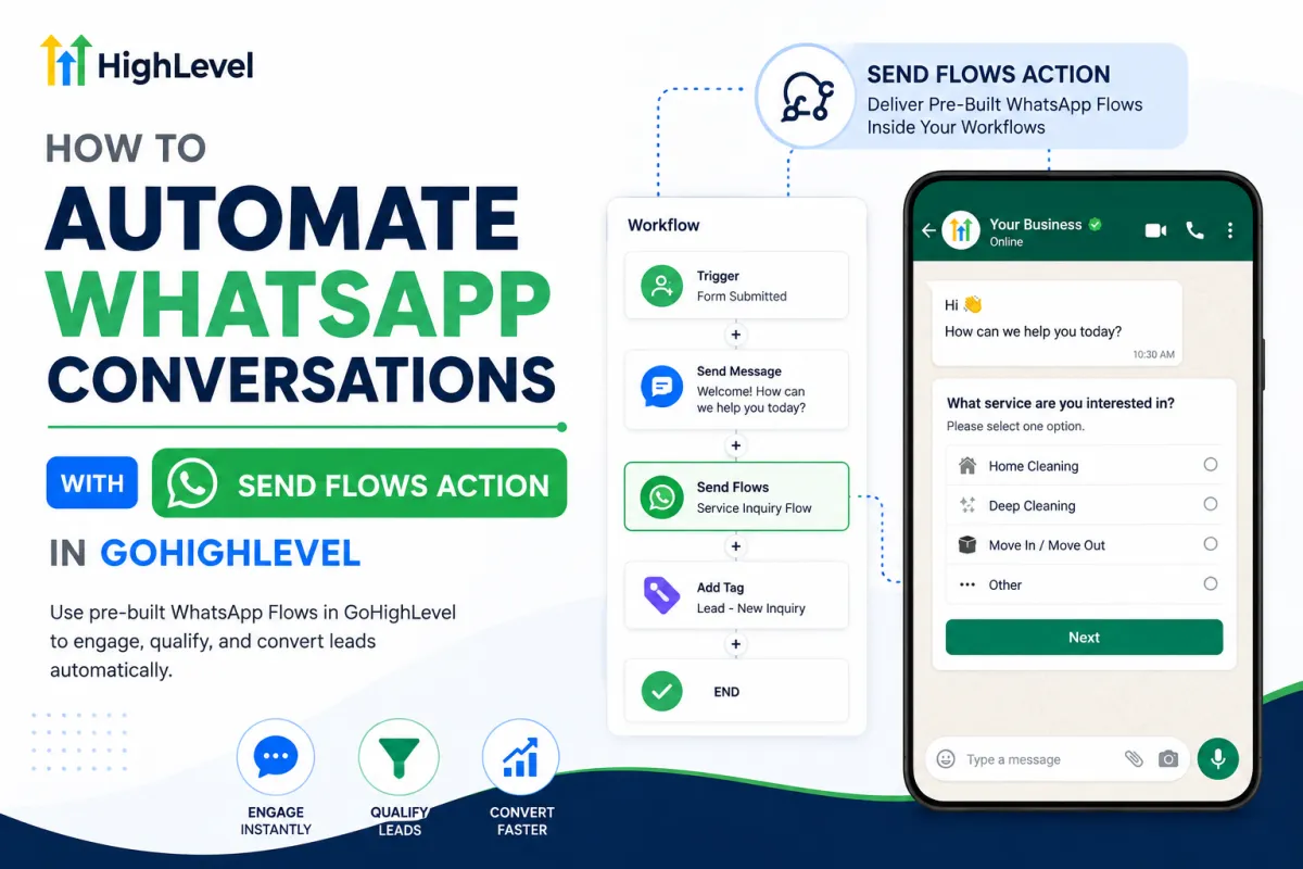 GoHighLevel Send Flows Action for automating WhatsApp conversations with pre-built Flows