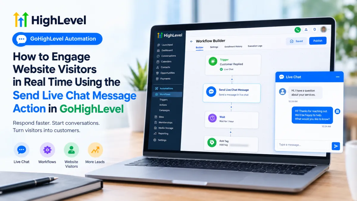 GoHighLevel Send Live Chat Message action workflow for engaging website visitors in real time