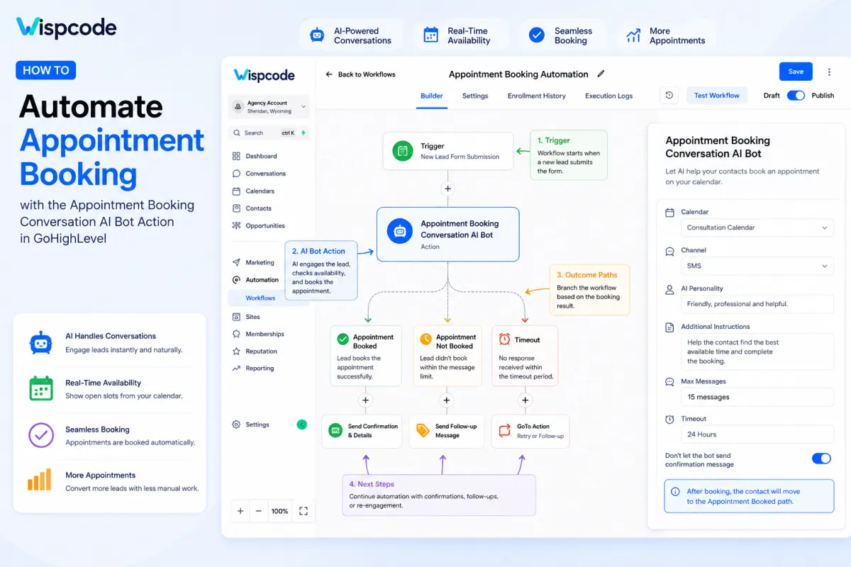 Appointment Booking AI Action workflow in Wispcode CRM