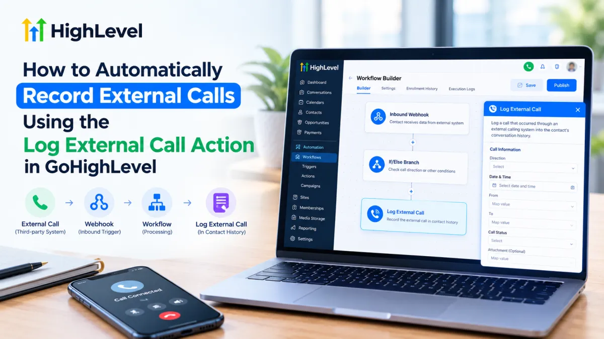GoHighLevel workflow showing an external call being processed through an inbound webhook and Log External Call action