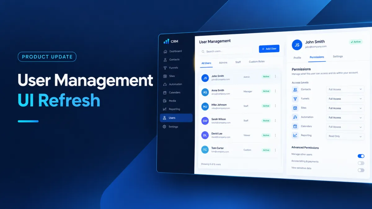 GoHighLevel User Management UI Refresh interface