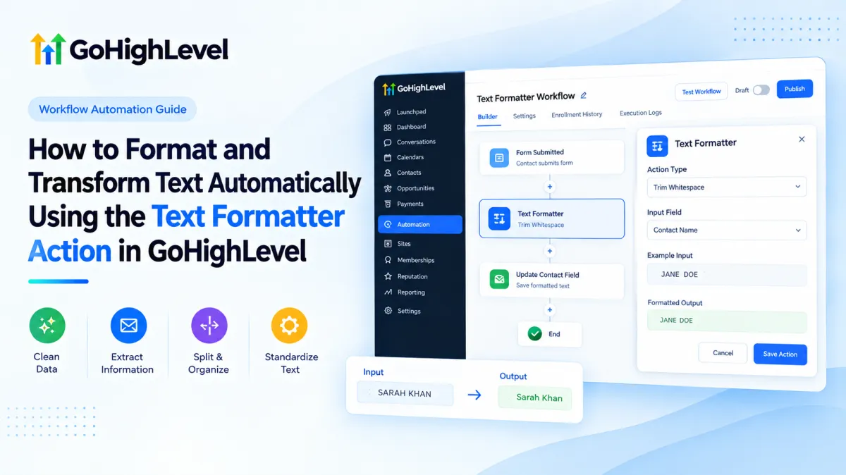 GoHighLevel Text Formatter Action in a workflow for formatting and transforming text