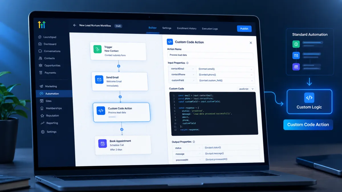 GoHighLevel Custom Code Action extending workflow automation