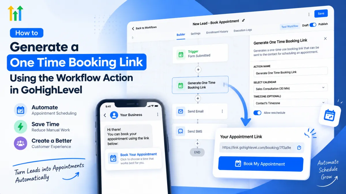 GoHighLevel workflow automation tutorial showing how to generate a one-time booking link for automated appointment scheduling.