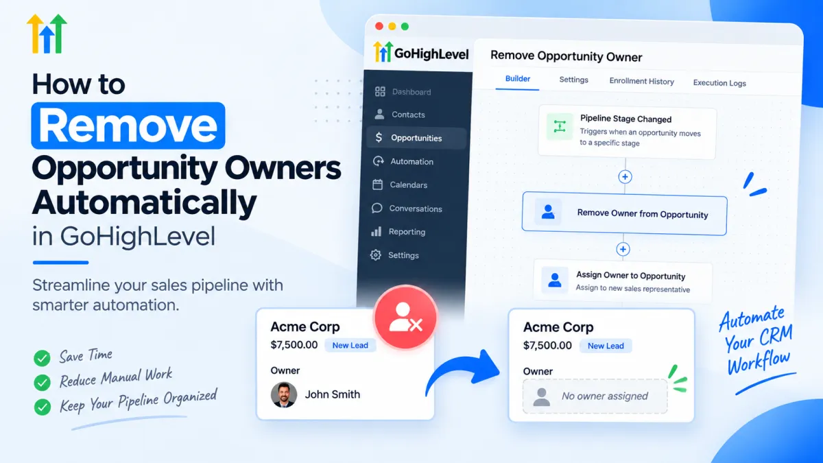 GoHighLevel Remove Owner from Opportunity workflow automation showing an opportunity owner being removed automatically.