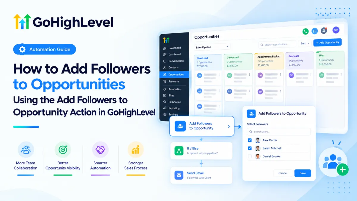 GoHighLevel Add Followers to Opportunity action in a workflow