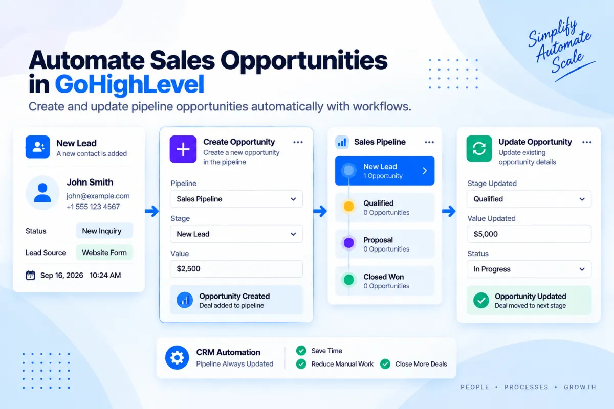 GoHighLevel Create and Update Opportunity workflow action for sales pipeline automation
