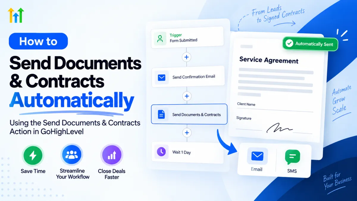 GoHighLevel document automation workflow showing Send Documents & Contracts, a service agreement, and automated email and SMS delivery.