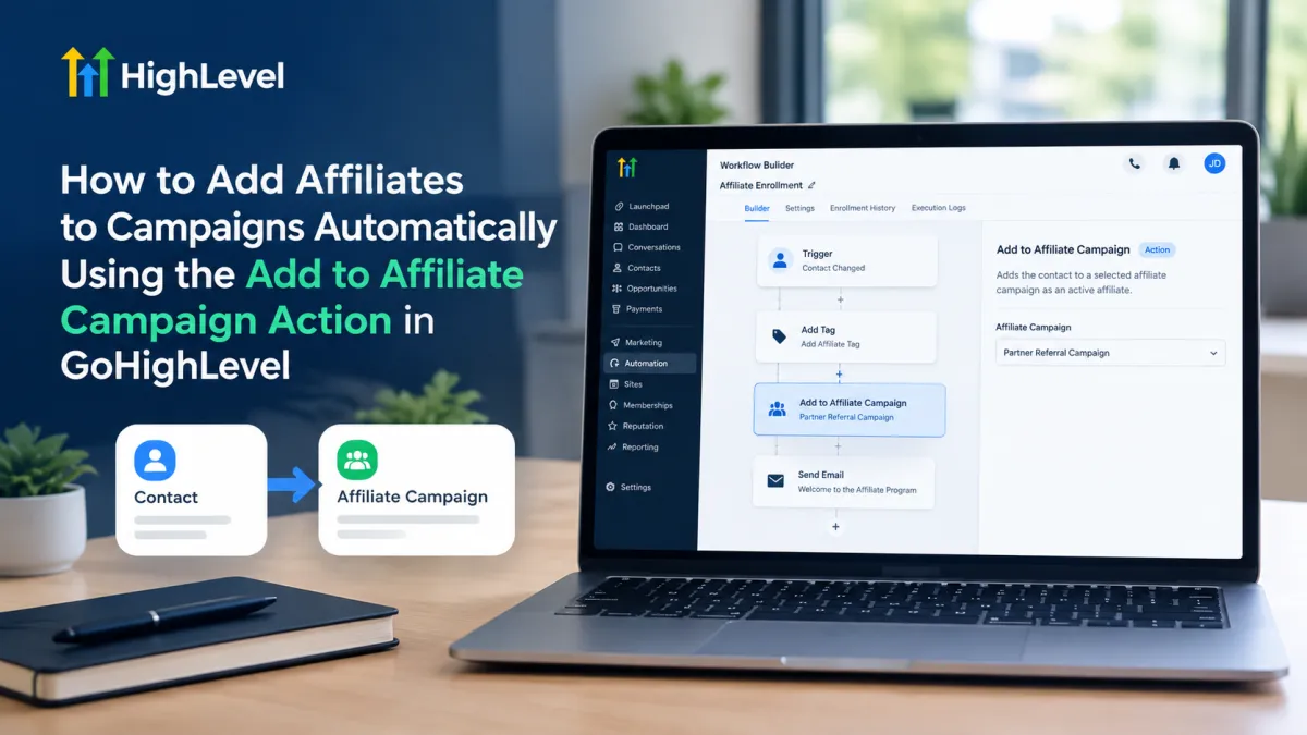 GoHighLevel Add to Affiliate Campaign action in a workflow