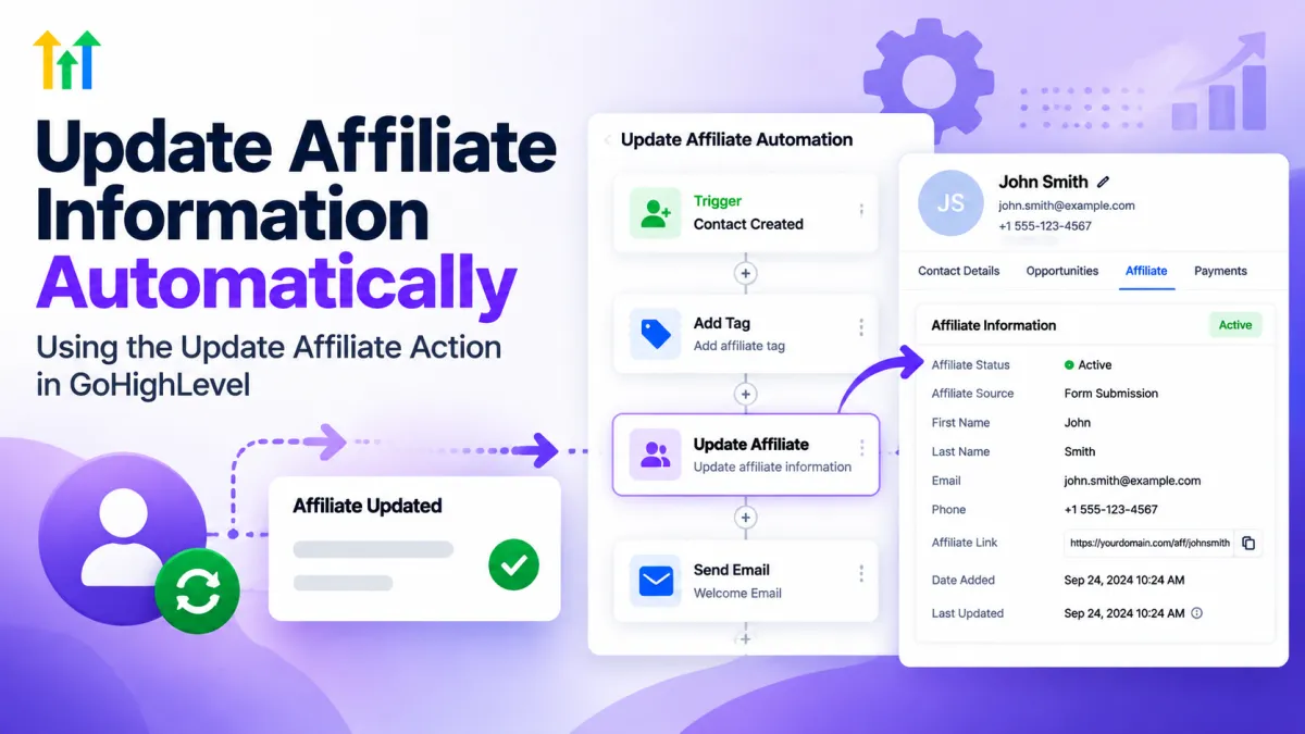Update Affiliate Information Automatically using GoHighLevel Update Affiliate Action workflow automation