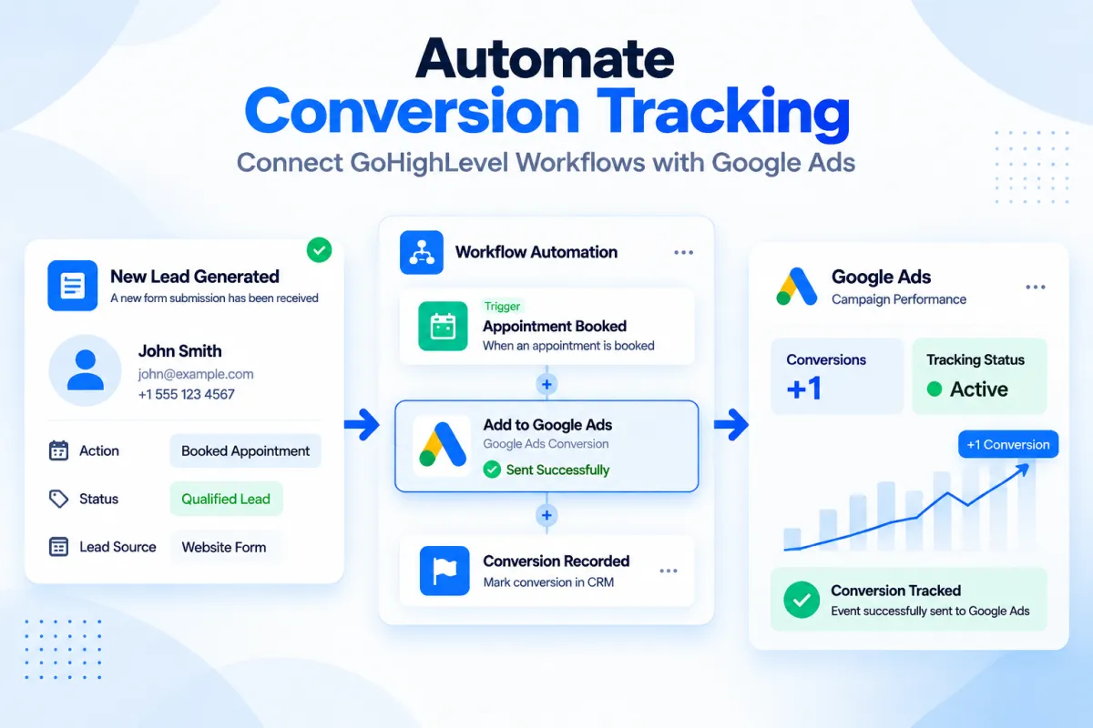 GoHighLevel workflow automation showing Google Ads conversion tracking process