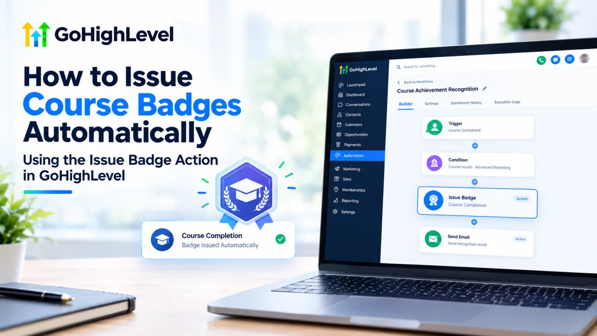GoHighLevel workflow showing the Issue Badge action for automatically issuing course badges