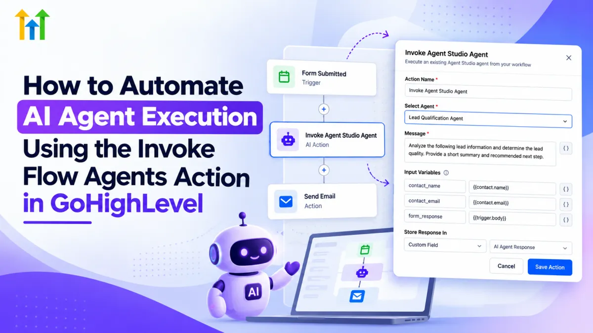 GoHighLevel AI Agent workflow automation using the Invoke Agent Studio Agent action.