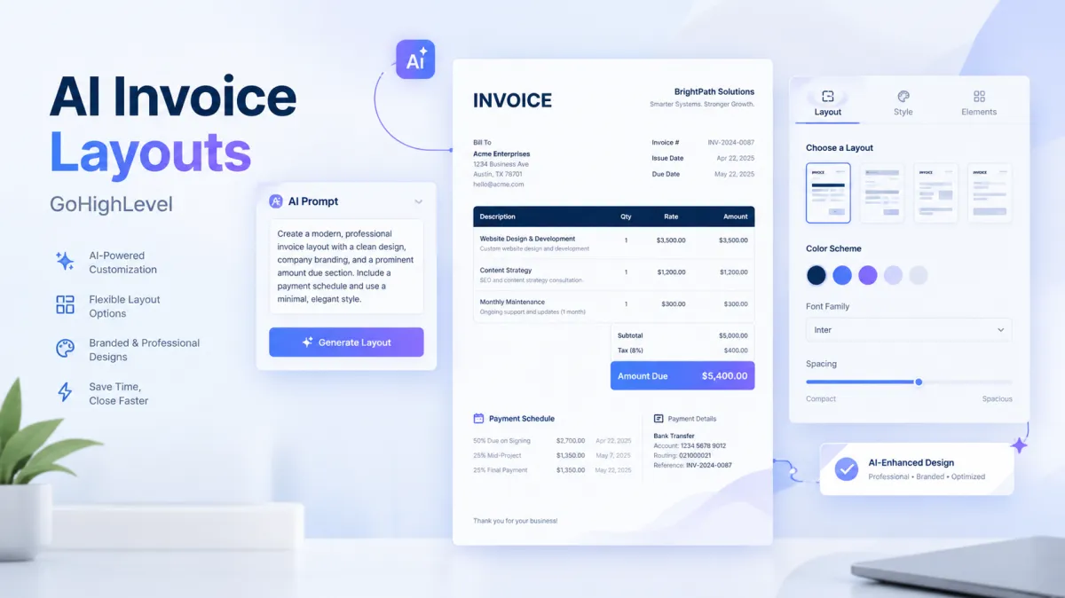 GoHighLevel AI-powered custom invoice layout builder