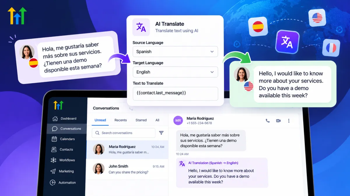 GoHighLevel AI Translate Action translating a Spanish customer message into English within an automated workflow.