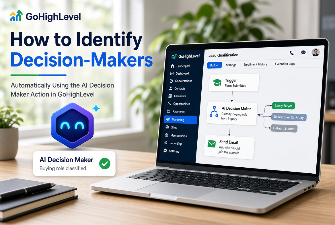 Laptop showing a GoHighLevel workflow that uses AI Decision Maker to classify whether a lead is the buyer, a researcher, or needs review.