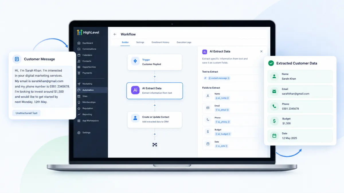 GoHighLevel AI Extract Data Action for automated customer data extraction