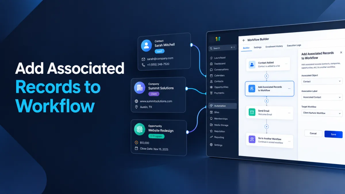 GoHighLevel Add Associated Records to Workflow automation