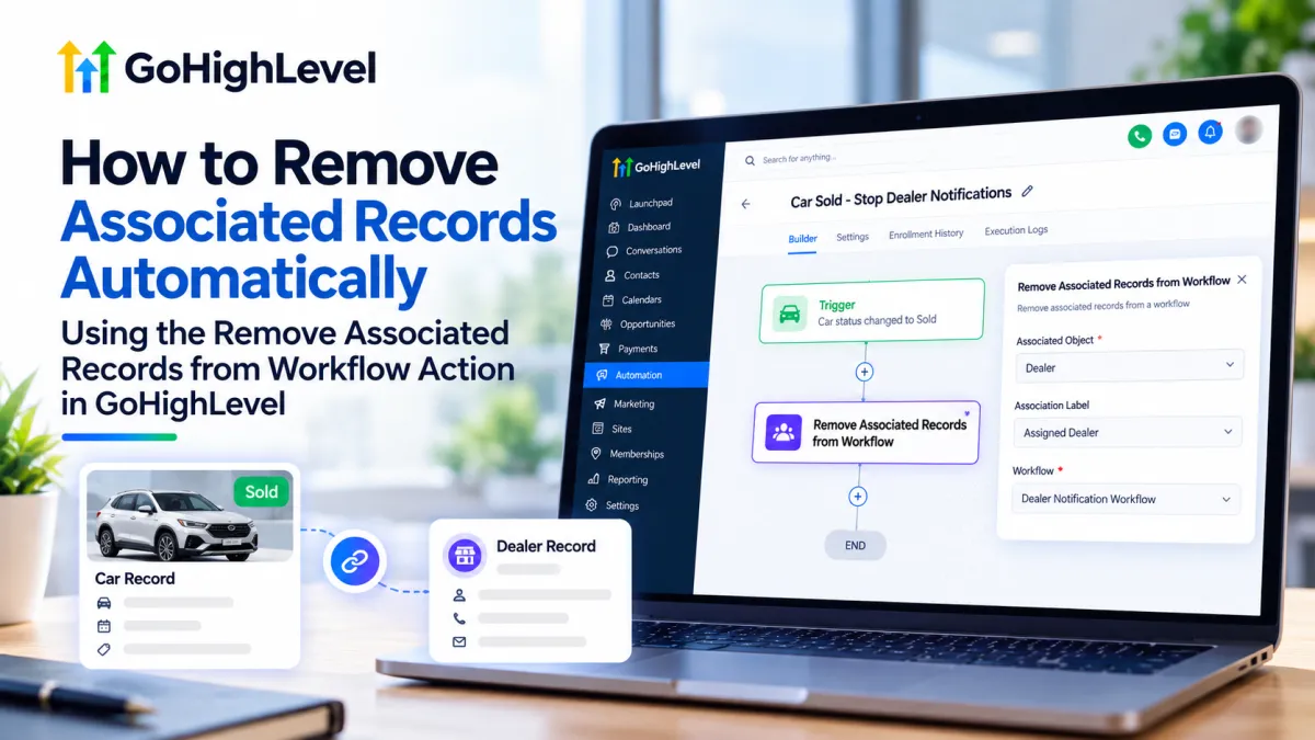 GoHighLevel workflow showing how to remove associated records automatically from a workflow when a linked record changes status.
