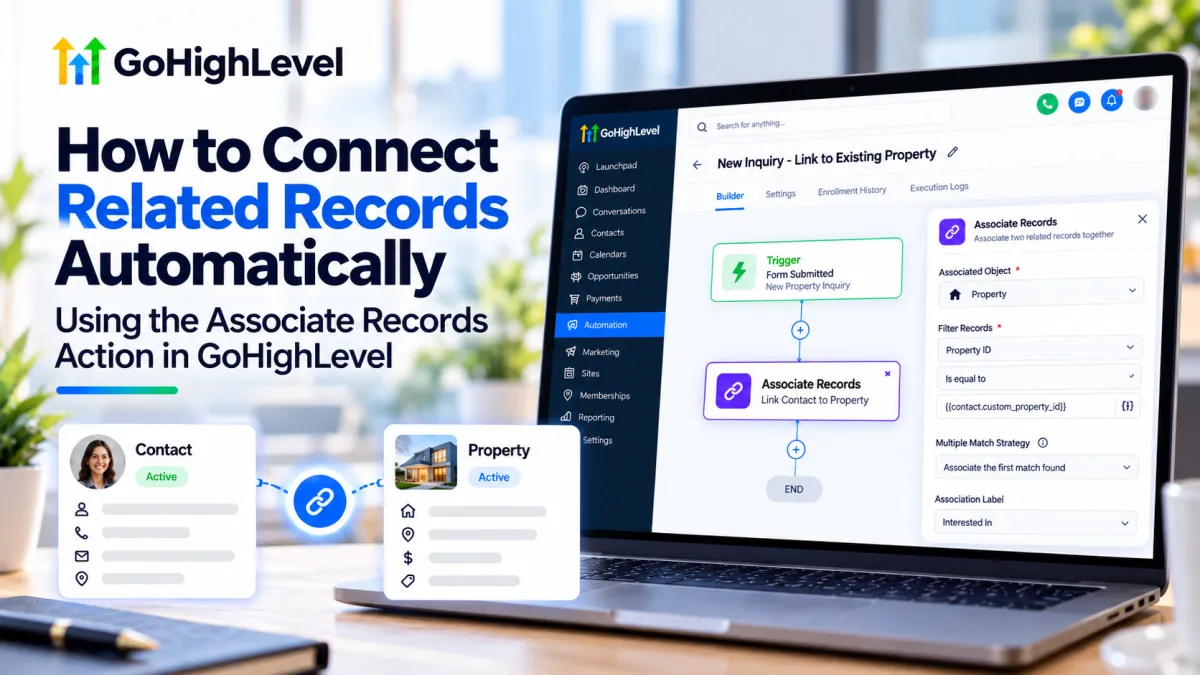 GoHighLevel workflow showing the Associate Records action connecting a contact with an existing property record