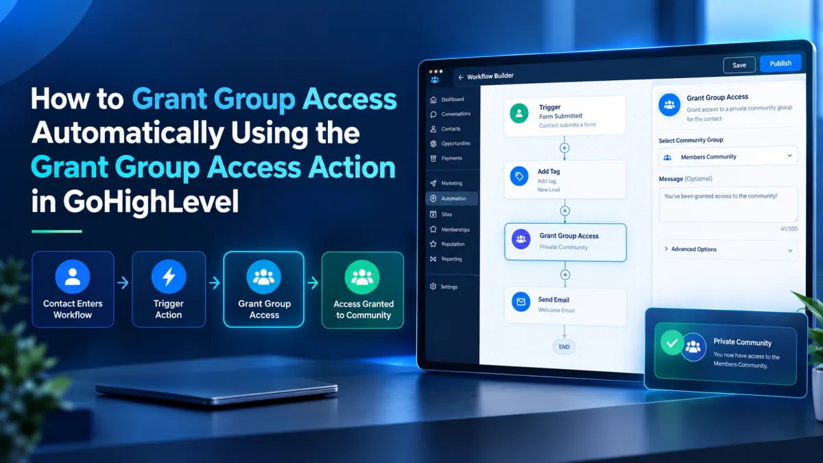 GoHighLevel Grant Group Access workflow action for Community groups