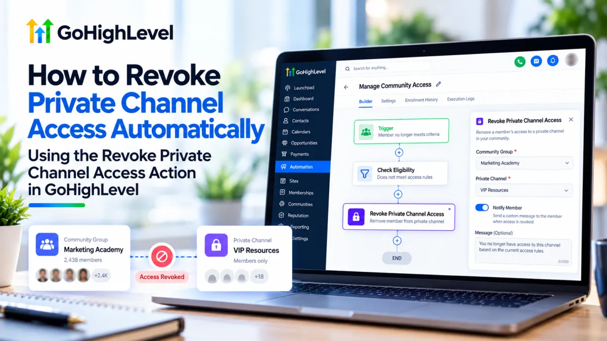 GoHighLevel workflow showing how to revoke private channel access automatically using the Revoke Private Channel Access action