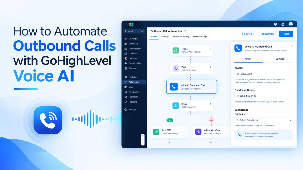 GoHighLevel Voice AI Outbound Call action in a workflow automation interface