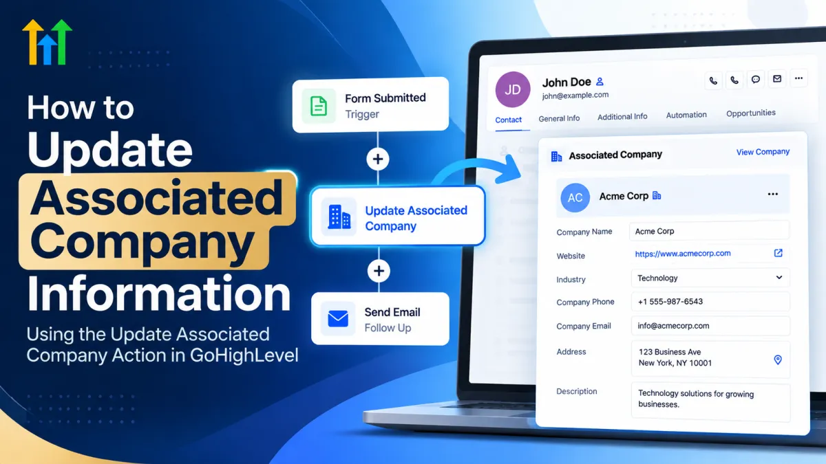 GoHighLevel Update Associated Company Action workflow showing automated company information updates in the CRM.