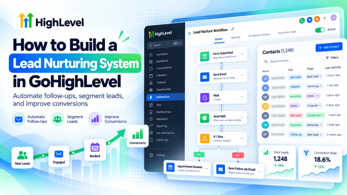 GoHighLevel lead nurturing system showing CRM contacts, automated email and SMS workflows, lead segmentation, and appointment booking.