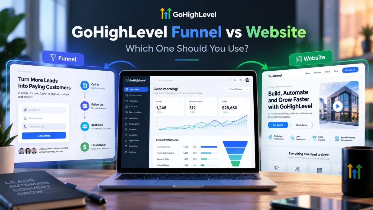 GoHighLevel funnel vs website comparison showing a sales funnel, business website, and CRM dashboard.