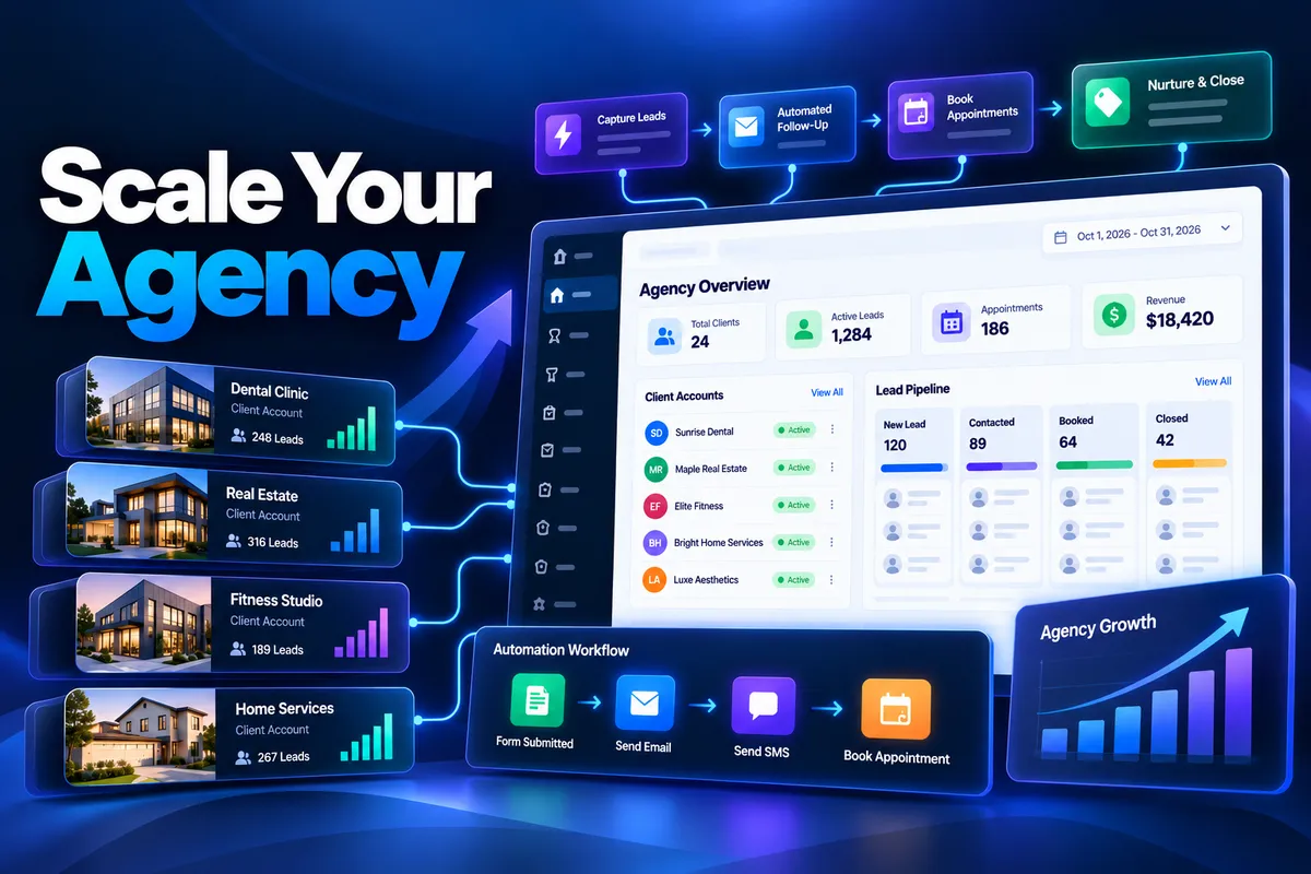 GoHighLevel marketing agency dashboard showing automated workflows, CRM, and client management