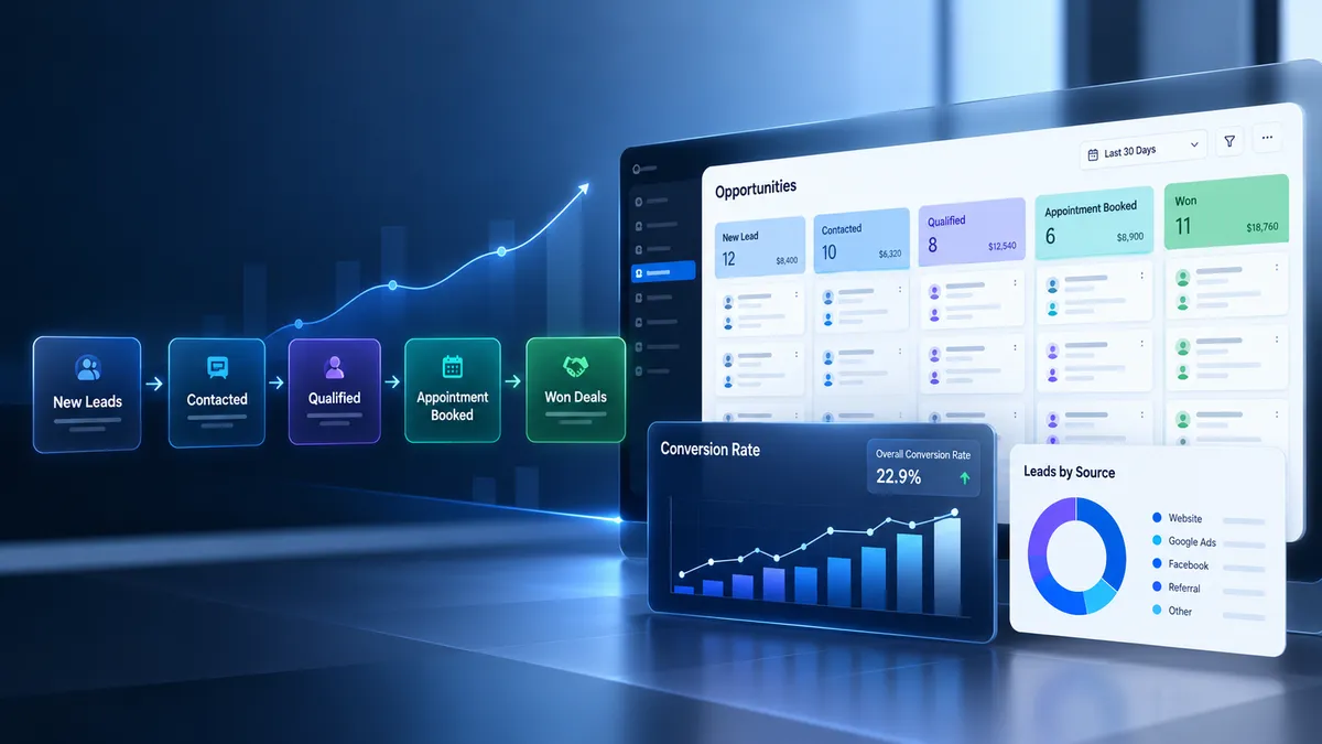 GoHighLevel CRM dashboard illustrating lead conversion tracking and sales pipeline performance.