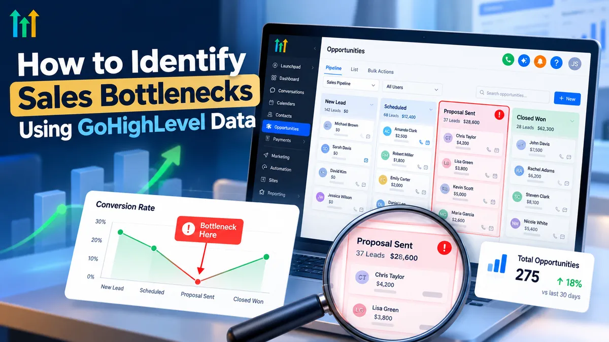 GoHighLevel sales pipeline dashboard illustrating how to identify sales bottlenecks using CRM data, opportunity tracking, conversion rates, and sales analytics.