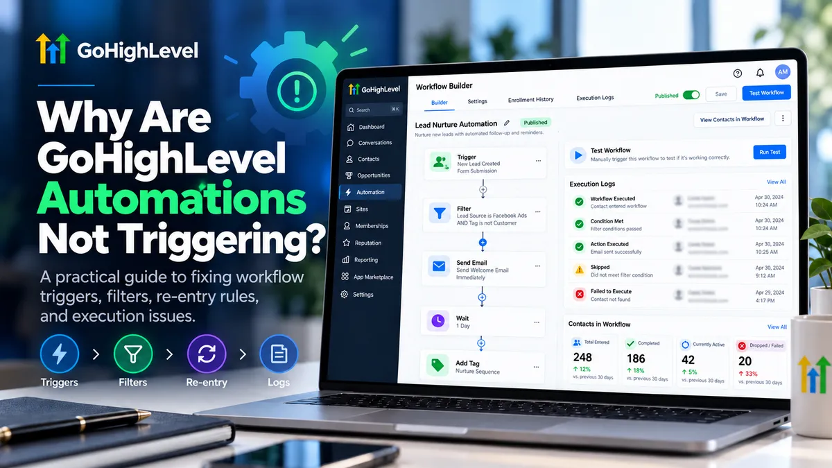 GoHighLevel automations not triggering troubleshooting guide showing workflow builder, trigger filters, and execution logs.