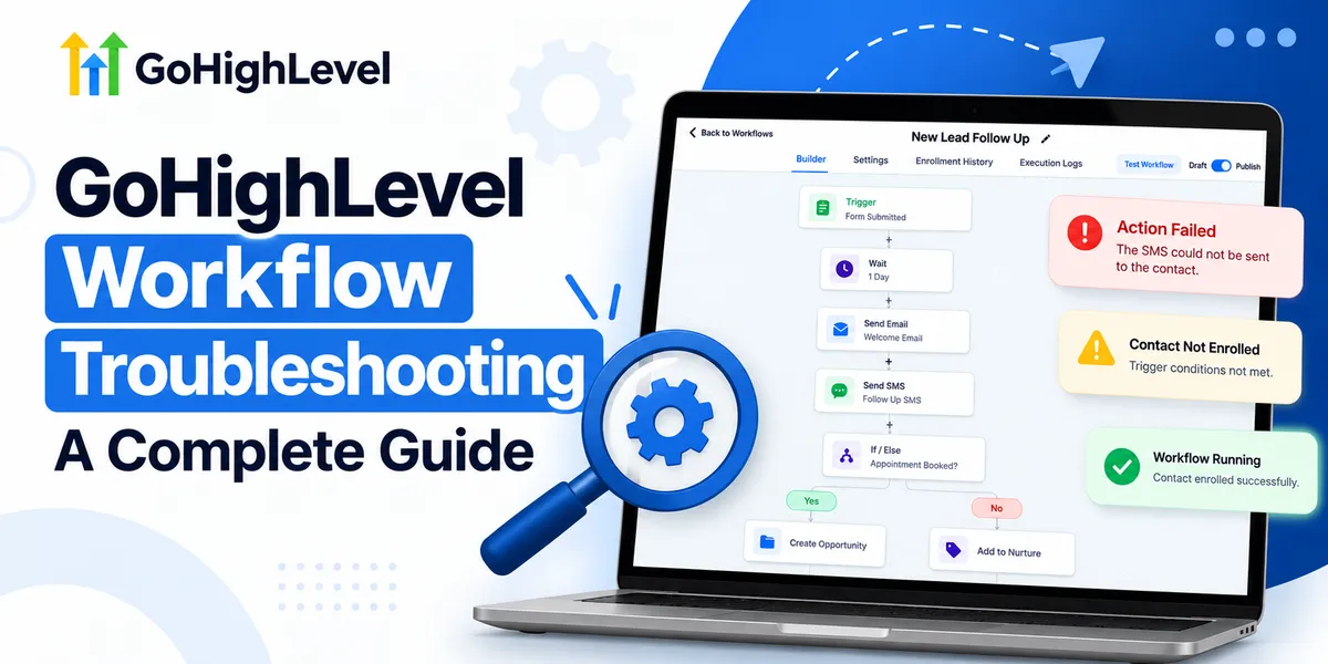 GoHighLevel Workflow Troubleshooting guide cover image featuring workflow automation, error alerts, execution issues, and debugging tools.