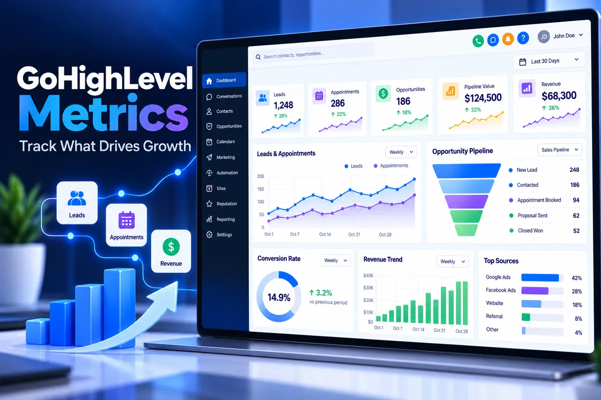 GoHighLevel metrics dashboard showing leads, opportunities, conversions, and revenue performance