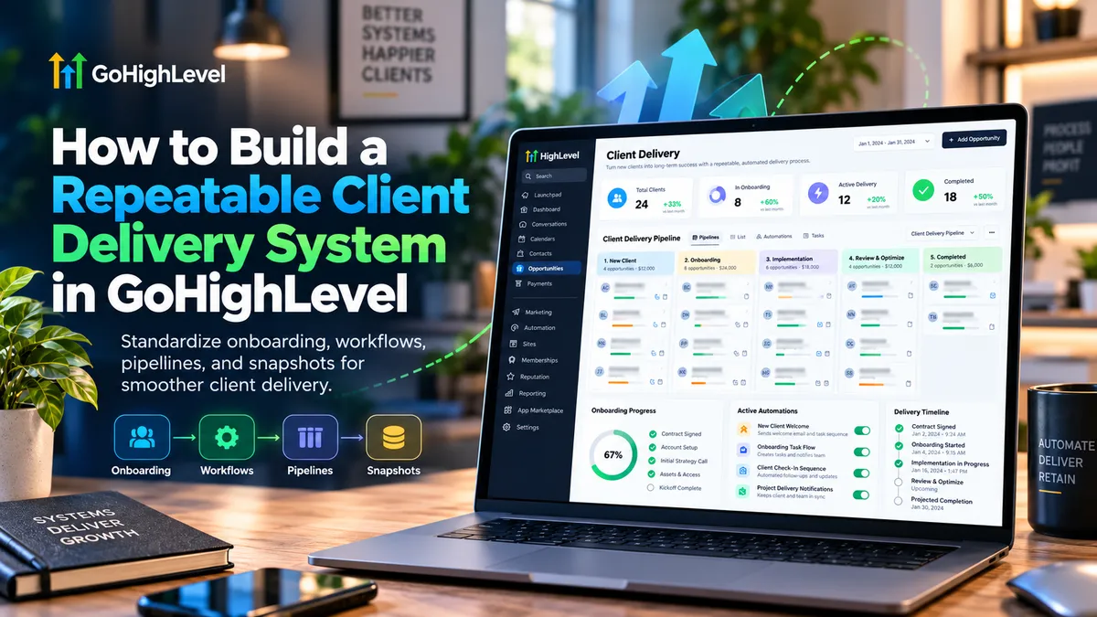 GoHighLevel client delivery system featuring automated onboarding, CRM pipelines, workflows, and reusable snapshots for agency operations.