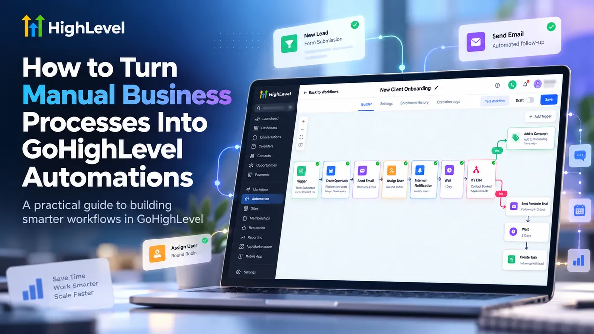 GoHighLevel automation workflow illustrating how to turn manual business processes into automated lead management, follow-ups, and CRM tasks.