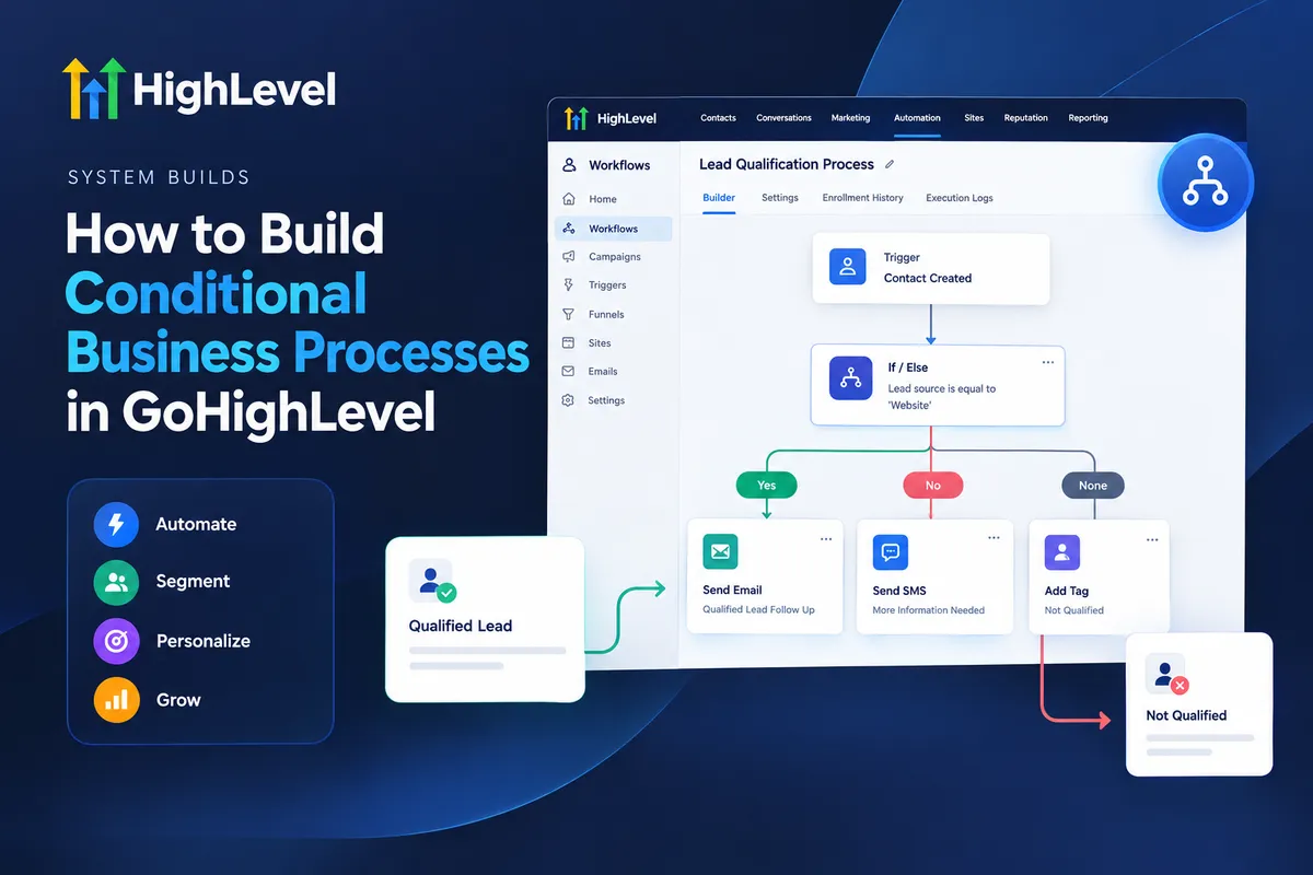 Conditional business processes in GoHighLevel illustrated with workflow automation and branching logic.