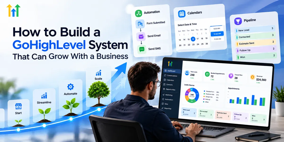 GoHighLevel scalable CRM system showing workflow automation, sales pipelines, appointment scheduling, analytics dashboards, and business growth.