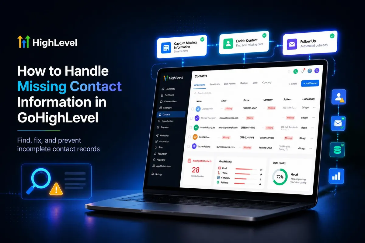 GoHighLevel CRM dashboard showing incomplete contact records and missing email addresses or phone numbers.