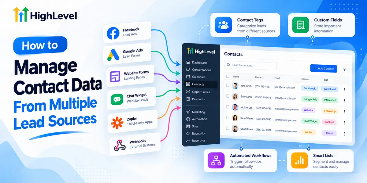 GoHighLevel CRM illustration showing how to manage contact data from multiple lead sources using contact tags, Smart Lists, and automated workflows.